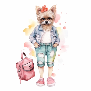 a cute clipart,unique outfit , different breed , full body , unique pose, unique outfit , white background , watercolors image, unique and vibrant , no other elements, clean shapes ,center and middle, cute