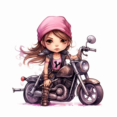 Cute little pirate biker girl with brown hair sitting on her Harley Davidson pink watercolor Clipart