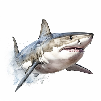 a highly detailed and realistic watercolor clipart portrait illustration of a great white shark swimming, full body, white space around the outer perimeter, painted naturally, no background, watercolor, detailed clipart, shark, great white shark