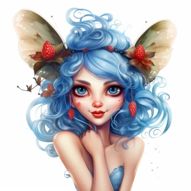a whimsicel beautiful Fairy Closeup face, big blue deep eyes, with high detailing with facial hare and lips, laughing , a big Ladybugs sitting on her hand, Clipart on a white background