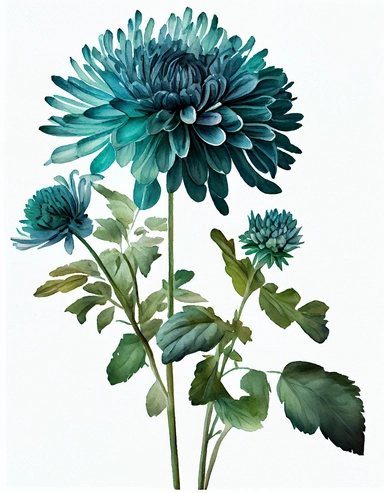 detailed vibrant watercolor ocean blue chrysanthemum with stem and green leaves, isolated on white background, hyper realistic, clipart