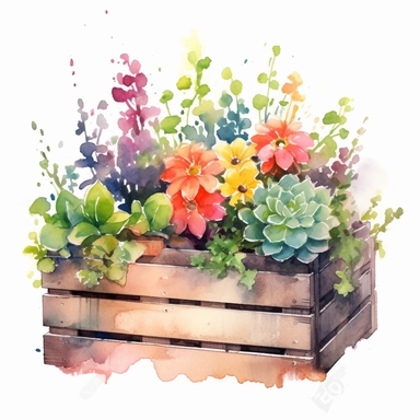 clipart, a watercolor painting of a wooden flower box filled with beautiful flowers and plants, in the style of yanjun cheng, colorful animations, rough clusters, clean and simple designs, leica cl, warm color palettes, colorful washes, white background--ar 34:33