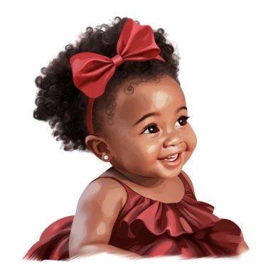 newborn black infant baby girl in a red and burgundy dress, sideview, smiling, soft illustration, clipart