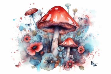 watercolor fiary red mushroom clipart, surrounded by pale blue red flowers and flying ladybirds, on watercolor stain, hd, isolated on white background, spaced out
