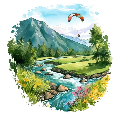 professional gouache hand-painted illustration of Mountain River in the middle surround by trees, flowers, plants, one man paragliding, spring, focus on the mountain, Landscape clipart, hiking, nature, camping, white background, natural form, very detailed, deep colour, 8k
