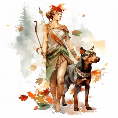 Fantasy Style Ancient Rome style Hunter Woman and hunting dog with watercolor effect,Bay leaves,suitable for digital clipart,white background,Mythologic Scene,Ancient rome fashion