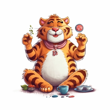 yoga happy tiger , cartoon Clipart style, white background, tea time, 8k