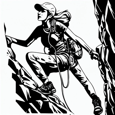 siple clipart, rock climbing , black and white , women wearing helmet