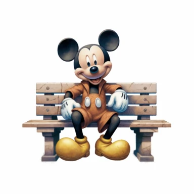 mickey mouse, clipart, 2d, sitting on a bench, colored, disney, white background, high details