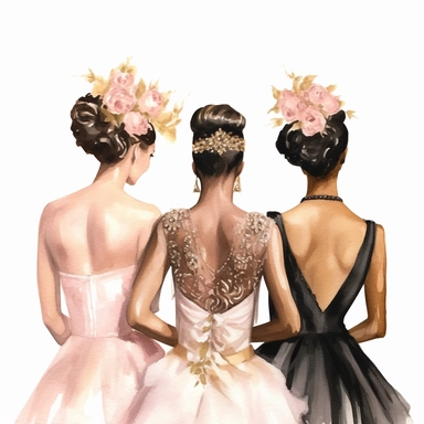 glamour dolce & gabbana half body back shot, watercolor white wedding dress bride wedding black bride hairstyle with beautiful gold headpiece clipart, + two black bridesmaids in pink dress black hair, hd, isolated on white background, spaced out ar 3:2