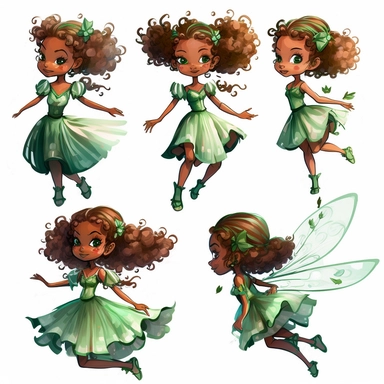 cute mixed race fairy girl flying toward the camera, watercolor clipart green dress, multiple poses, character model, realistic, tyra banks - - ar 3 : 2 - - 4b