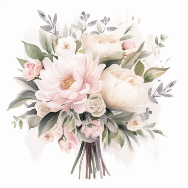 Design a bridal bouquet clipart that embodies romance and elegance. Consider using soft, delicate flowers like roses or peonies as a starting point. white background