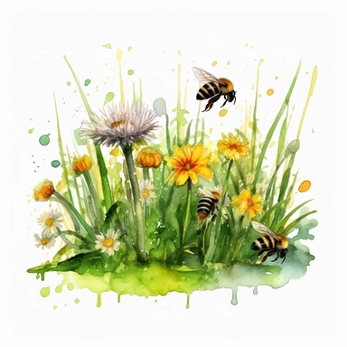watercolor art of grass tuft with dandelions, bumble bees, mushrooms, in the style of realistic and hyper-detailed renderings, sketchfab, ahmed morsi, realistic watercolor paintings, use of common materials, handcrafted designs clipart yellow and green with background removed