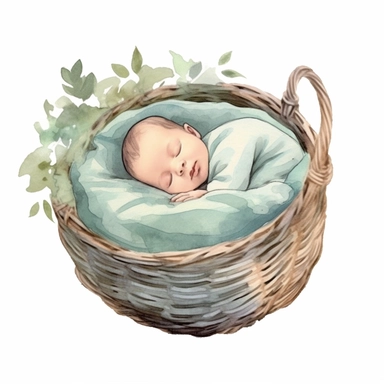 watercolor clipart, minimal, cute newborn baby sleeping in a basket, pastel color, white background illustration
