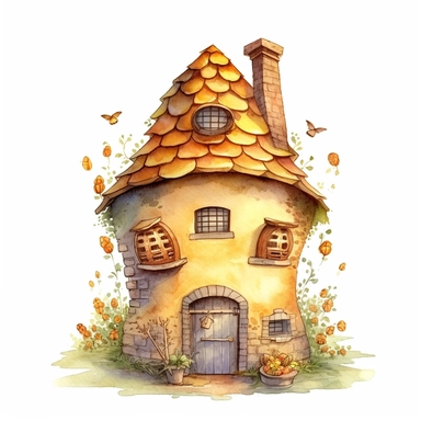 A whimsical drawing of a beehive shaped like a charming cottage, with bees flying in and out through the front door and the chimney. (Digital drawing clipart, image black border color, full body, flat texture, transparent background) , watercolor