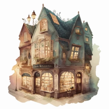 A cozy watercolor clipart image of an old fairy bookstore with intricate details in various angles, night-time lighting, enchanting lighting, various styles of buildings and european cultures,neutral and muted tones, delicate subtle colors