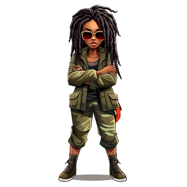 cartoon illustration of a cute black woman, with attitude, leaning with crossed arms, wearing camouflage pants and a greenjacket with red sunglasses, dreadlocs, clipart, white background