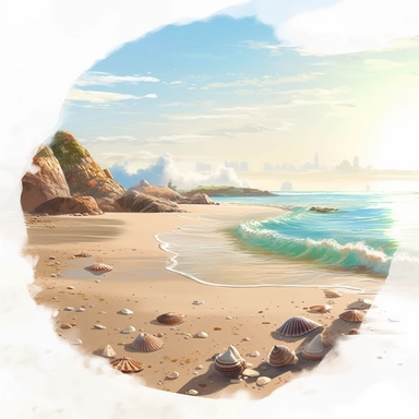 Describe the tranquil beauty of a secluded beach with its soft sandy shores, gentle waves, and vibrant seashells, by Alexandre Calame, make this landscape image in clipart style,white background, High Quality clipart, no writting background, 4k, no writting