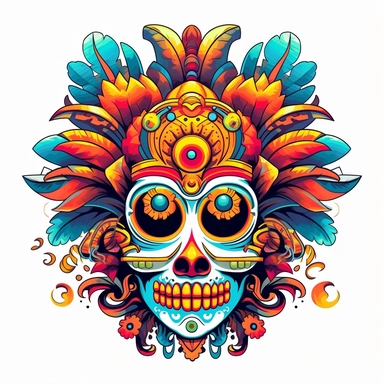 isolated flat clipart on a white background of a spooky day of dead themed voodoo mask tshirt design graphic, in the style of daniel f. gerhartz, transcendent, nikon d850, art of burma, captures the essence of nature, in the style of organic forms and patterns, expansive skies, hyper-detailed illustrations, i can't believe how beautiful this is, lively colors