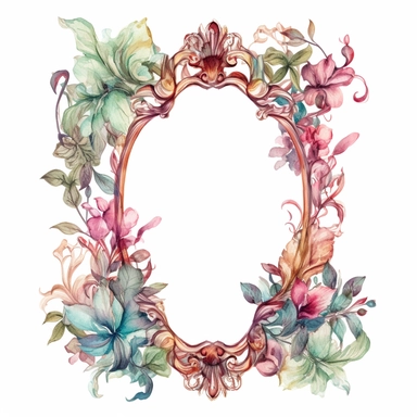 Enchanting Hand-Drawn Baroque Frames: A Whimsical, Floral Fantasy - Digital Clipart with Ornate Leaves and Delicate Watercolor Borders, isolated on a white background, single design, 4k