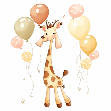 Whimsical boohoo light brown party safari animal clipart,giraffe,happy anime,cute baby giraffe , white background 2:3