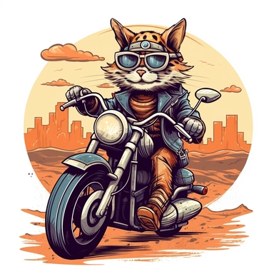 Create a clipart of a grim cat with glasses in a leather jacket and riding a vintage motorcycle. Strong and vibrant colors. In the style of Uderzo. Desert landscape before a White Background, soft lighting.