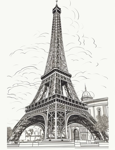 Landmarks of Paris for a colouring page B2 pencil clip art Drawing of the eiffel tower, high-quality drawing with dark lines, thick outlines, and create amazing coloring page for adults, white filler and white background, line art, clean line drawing, vector for adult's colouring book