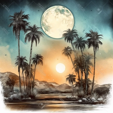 clipart style, watercolor scene of An immersive illustration of an Enigmatic Desert Oasis, showcasing a moonlit desert landscape. A tranquil oasis glows softly under the moon's light, providing a haven for weary travelers. Majestic palm trees stand tall, their silhouettes creating a sense of mystery and wonder, HD, on white background