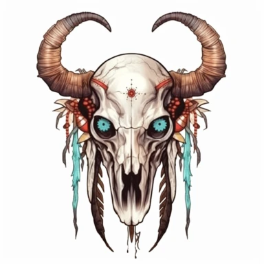 Cute Beautiful Native American Feather Cow Skull Sublimation Clipart, Cartoon, hyper realistic, intricate detail, illustration style, high solution, on the white background