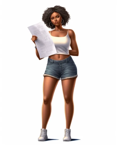 Full body shot, advertising, Clipart beautiful Afro Cuban American woman holds up a blank sheet of paper in her hands, in the style of afro-caribbean influence, hyperrealistic illustrations, intense gaze, detailed character design, porcelain, high resolution, thick texture