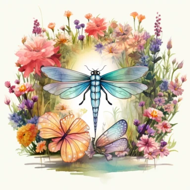 artwork in the style of cicely mary barker, clipart, whimsical watercolour illustration of a cute dragonfly and flowers, very colourful, watercolor clipart, book cover illustration, hyper HD