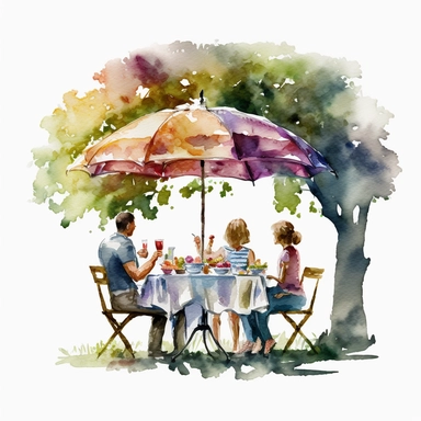 digital watercolor clipart of summer breakfast time in a garden picnic family tea in the table garden colorful on a white background