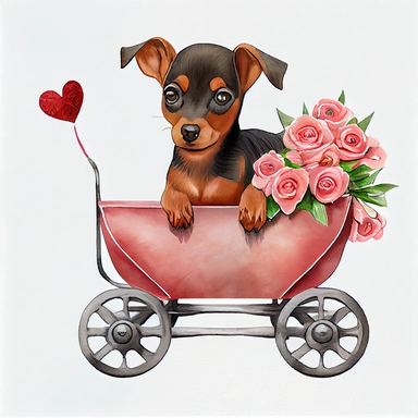 Cute Pinscher Puppy valentine, heart wagon, blush tones, Lilla Rogers agency, watercolor, roses, cupid, fairytale, folkart, clipart, white background