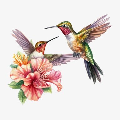 watercolor hummingbirds, high details, intricate details and no color bleed, HD, 8k, solid white background clipart