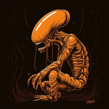 orange alien Garfield cat xenomorph on monday, illustration, in the style of 90’s clipart, black lasagna background, limited color palette, 1990’s aesthetic, normcore, by Saul Bass, by Richard Corben, by Alex Grey, by Moebius, Tadao Ando, Mid Century Modern animation style
