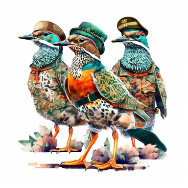 Boho style illustration, clipart, sublimation drawing Mandarin space ducks in military uniform and with weapons. Bright colorful colors on a white background, high quality 8k, quality detail
