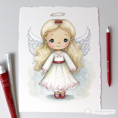 A watercolor painting of cute christmas Angel, christmas , christmas Angel, cute detailed digital art, inspired by nicoletta ceccoli, by Kubisi art, whimsical and cute, by nicoletta ceccoli, cute detailed artwork, glimmering, adorable and whimsical, whimsical art, Clipart style, png style, svg style, blank white background, a solid white background