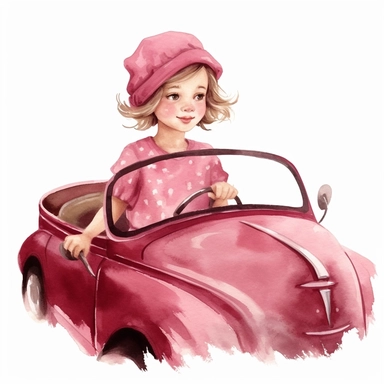 adorable cute vintage little girl in driving in cute dark pink cabriolet, clipart style, watercolor technique, no background, super cute, high quality clipart