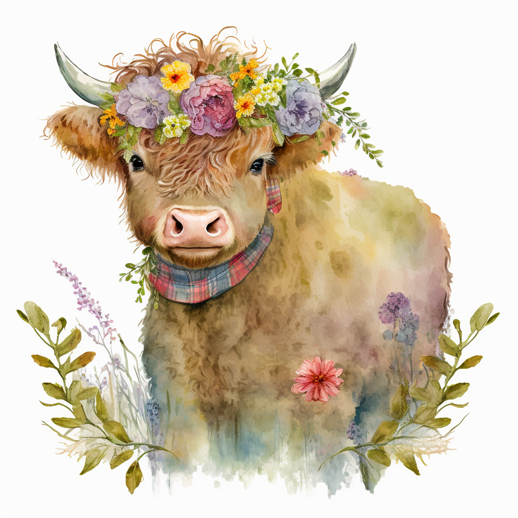 A whimsical watercolor clipart: a sprightly highland calf adorned with ...