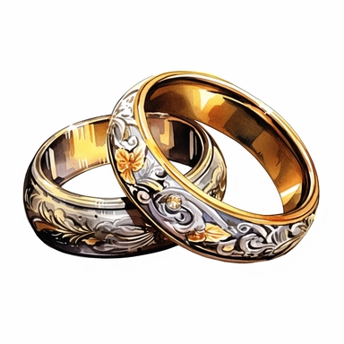 Design an elegant clipart image of decorative wedding rings, intricately crafted with exquisite details and placed against a transparent background, signifying the eternal bond between two individuals ,Glamour Weeding ,Weeding on the beach, Watercolor, De