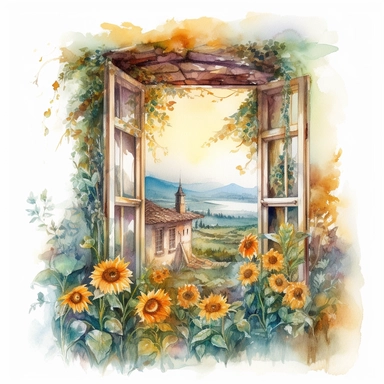isolated on white illustration watercolor art of a rustic window from inside the fairy house, the window shows the landscape from the garden with sunflowers and a road going into the mountains, a lot of sunflowers, masterpiece by Hans Zatzka style and by Josephine Wall style and by Rachel Ruysch style and by Jean-Baptiste Monge style, Art Nouveau Architecture, PNG clipart, isolated on white, extreme photorealistic details, 32k HD resolution, realistic high detailization high resolution