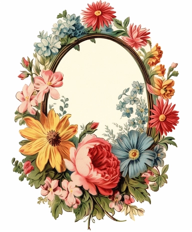 Vintage 1920 Oval Garden Floral Wreath Illustration, Chromolithograph, Die Cut, 1920s Illustration, Vintage, Chromolithograph, Colorful, Antique, Ephemera, Clipart, 8k, Isolated on white