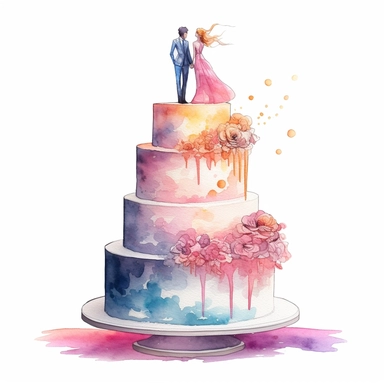 full perspective, watercolor three tier wedding cake clipart, add groom and bride figurines, vibrant colors, add flowers and glitter, on a white background