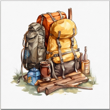 watercolor, Backpack - Clip art of a backpack with camping gear. png Full body realistic cartoon in 32K UHD cute. 15 cm thick outline. Black color. There was no shadow on the ground. 8k with realistic watercolors and detailed illustrations. PNG clipart, transparent white background