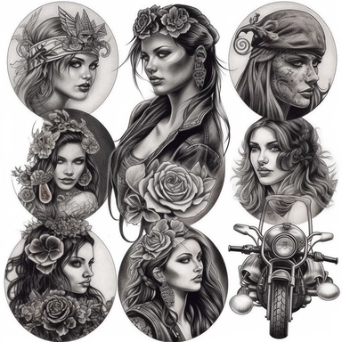 6 assorted heavily tatted biker chick pixie fairy Harley davidson theme clip art tattoos