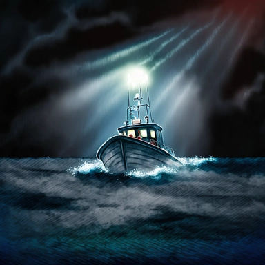 stormy, light from a flashlight from a boat at a distance, at sea, clipart, illustration, starboard