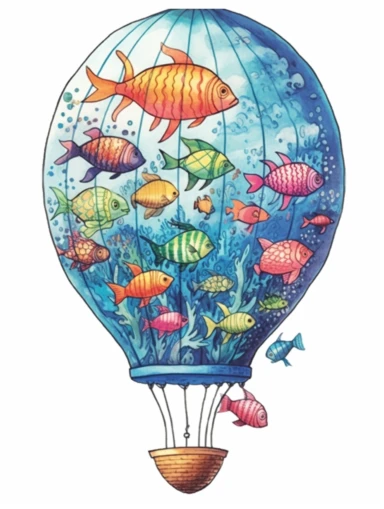 watercolor clipart with white background, hotair balloon with an under the ocean theme design on the hotair balloon, marine life on the desing, incorporate an artistic theme and meticulous attention to stitching and gradients, flat design, clearly defined separated image, high quality