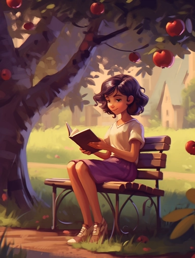 girl, 8 years old, smiling, sitting on a park bench, reading a book, lush apple tree behind her with purple apples, clipart style