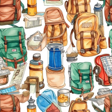 Seamless pattern, Watercolor detailed clipart, camping backpack