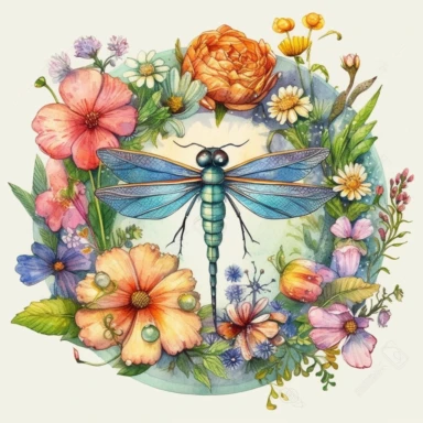 artwork in the style of cicely mary barker, clipart, whimsical watercolour illustration of a cute dragonfly and flowers, very colourful, watercolor clipart, book cover illustration, hyper HD